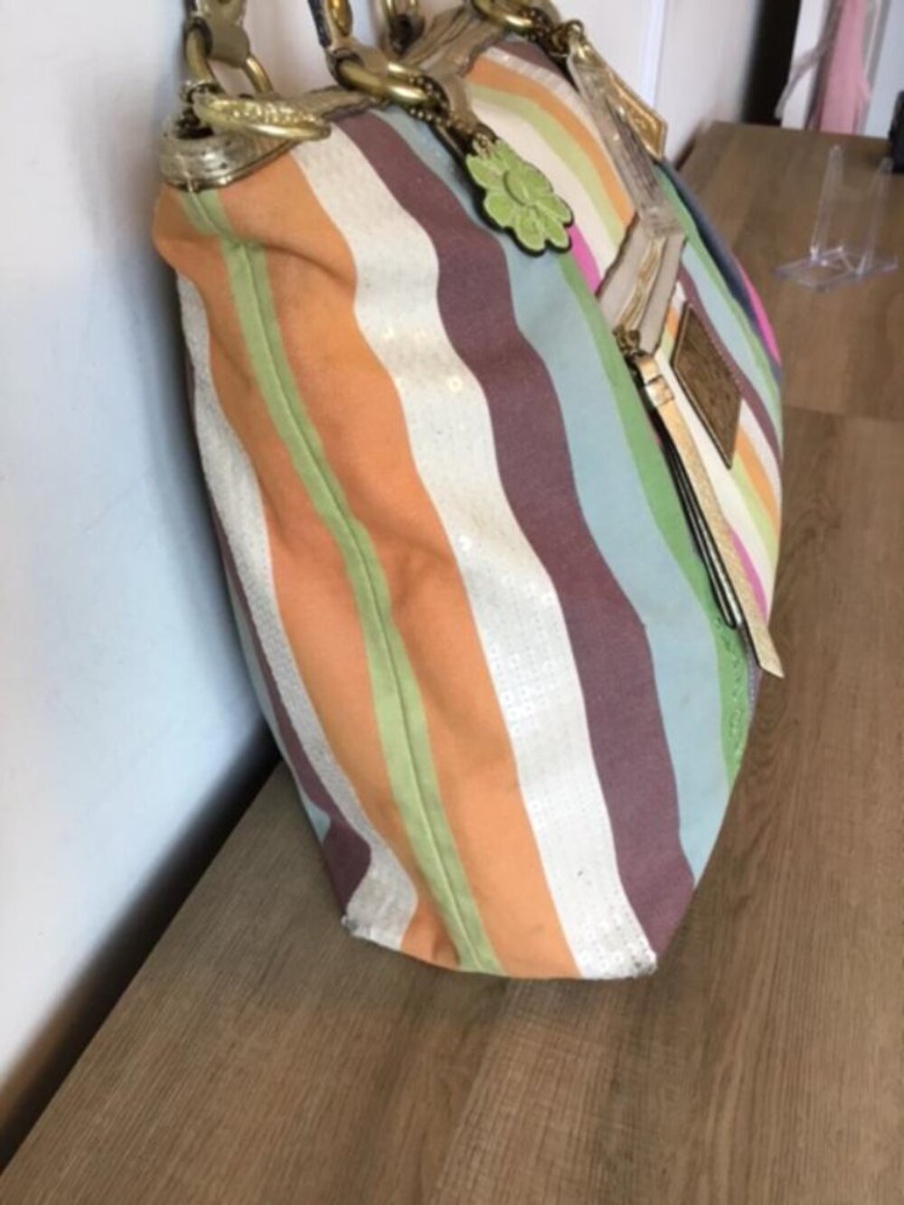 Coach Poppy Heritage Legacy, Multi-colored Striped Canvas Tote Bag w/Sequins - Picture 8 of 16
